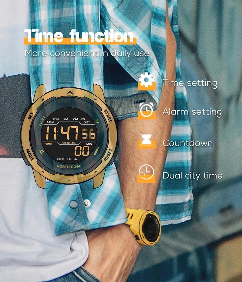 NORTH EDGE Mars Herren Digitale Uhr Herren Sportuhren Wasserdicht 5bar Schrittzähler Kalorien Stoppuhr Stündlicher Wecker
