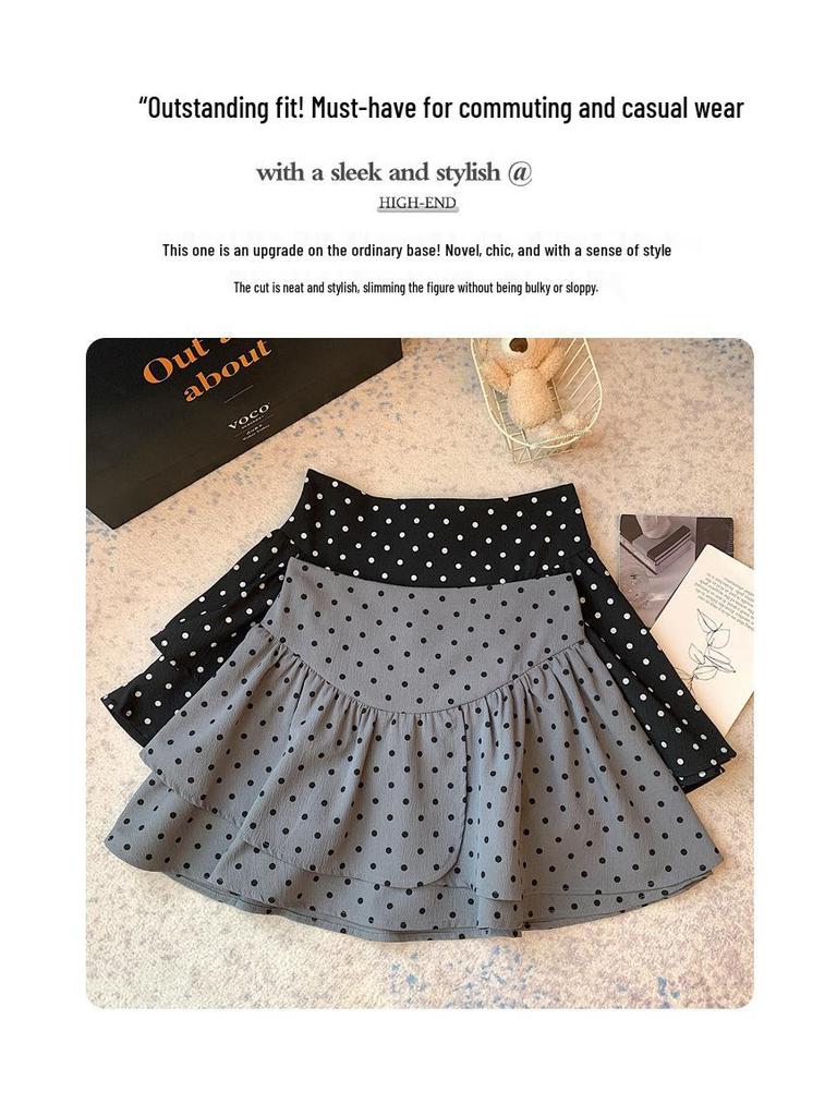 Plus Size Grey Polka Dot A-line Short Skirt for Autumn - High Waist Fluffy Cake Design for Women