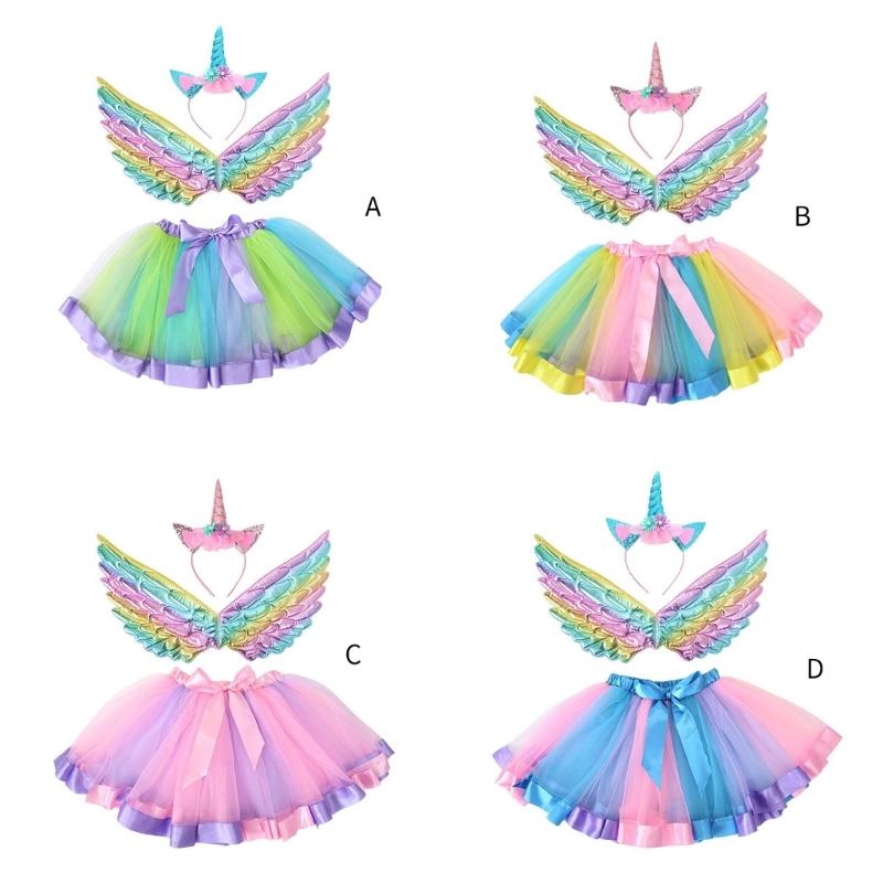 Fairy Wing Unicorns Headbands Tutus Skirts for Kids Girls Unicorns Pretend Play Costume Halloween Birthday Party Decors