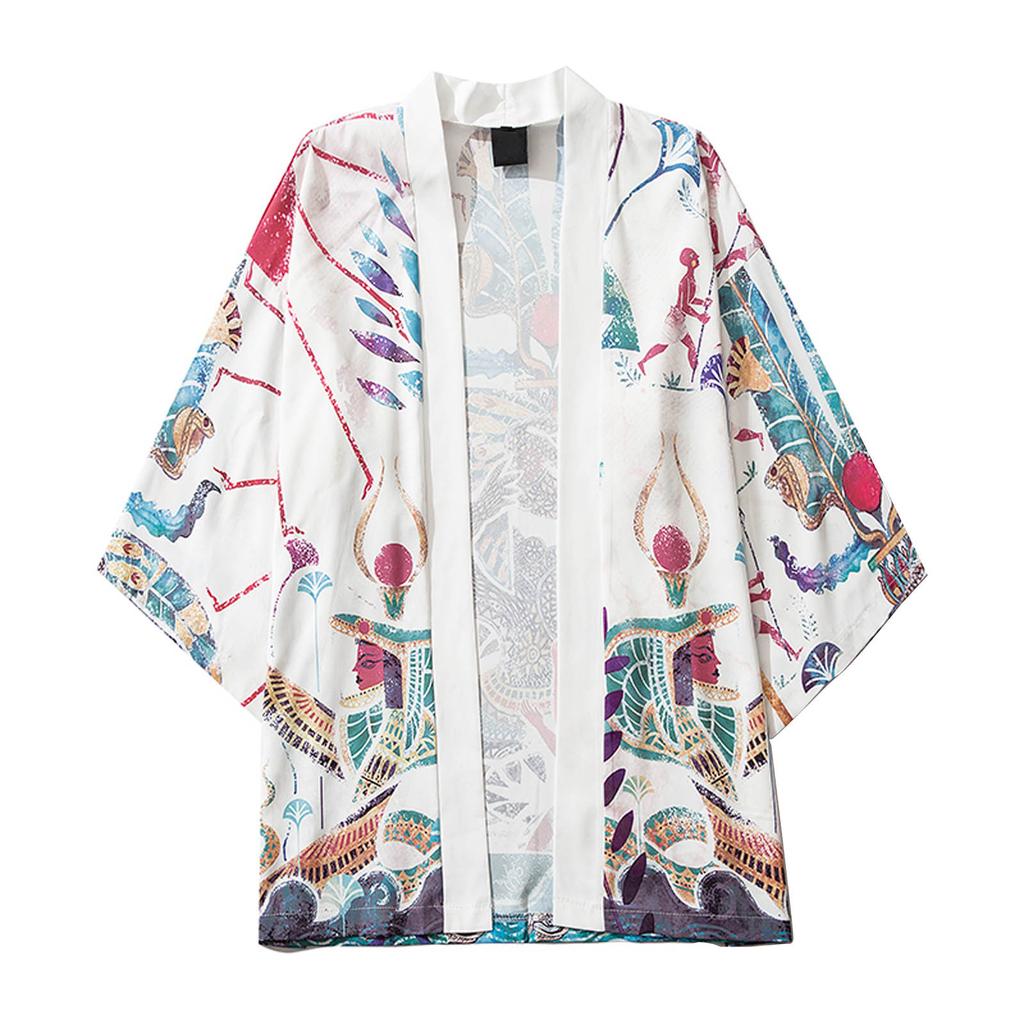 Men's Casual Loose Open Front 3/4 Sleeve Japanese Print Cover Up Cardigan