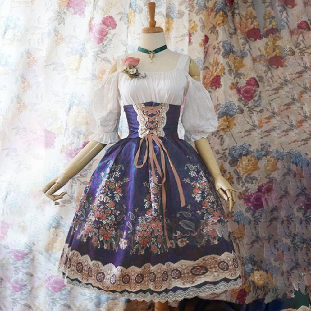 Justerbar stroppkjole Elegant Lolita Princess Style A-linjekjole med blonde blomstertrykk Off Shoulder Design for kvinner