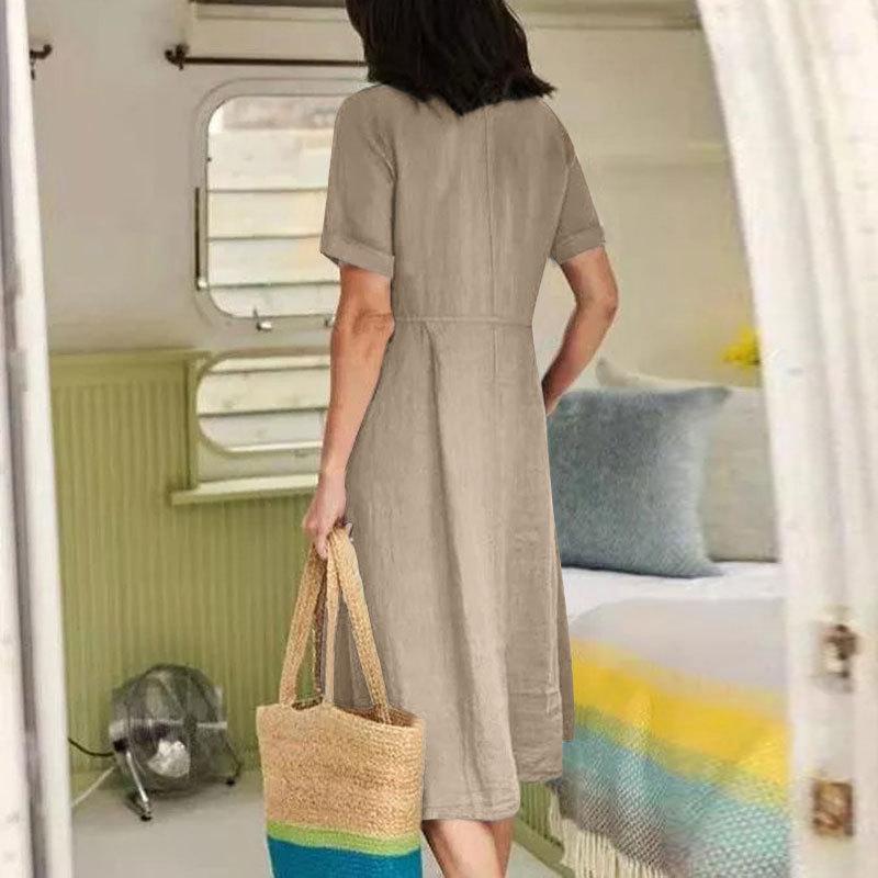 2025 Spring/Summer European and American Solid Color Loose High-Waisted Cotton Linen Dress.