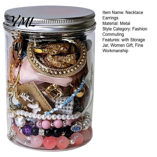 Decorative Jewelry Jar 35/40/45/50/60Pcs Mystery for Women, Box with Assorted Random Necklaces Earrings Rings Bracelets, Silver Golden Plated
