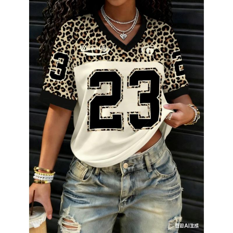Hot Selling Women NO.23 Leopard Print Comfortable Breathable Loose V-Neck Short Sleeved Baseball T-Shirt Fashion Women Tops Tee L