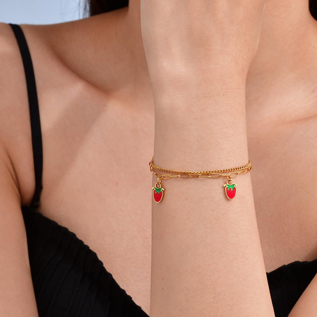 Fashion Ladies Stainless Steel Double Strawberry Gold Bracelet Ladies 2577