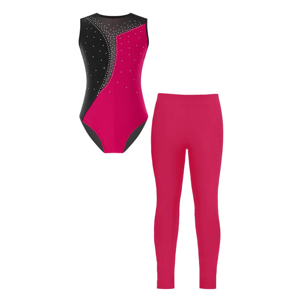 Eislauf Kinder Ärmellos Mädchen Gymnastik Strasssteine Dekoration Trikots Mit Leggings Zum Tanztraining Tragen
