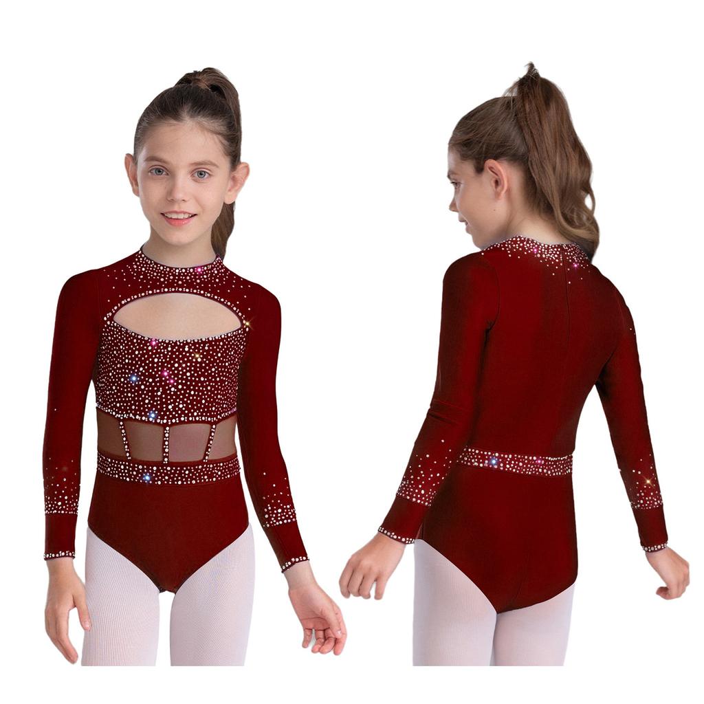 Girls Dance Bodysuit Long Sleeve Rhinestone Leotard with Back Zipper & Cutout for Performance