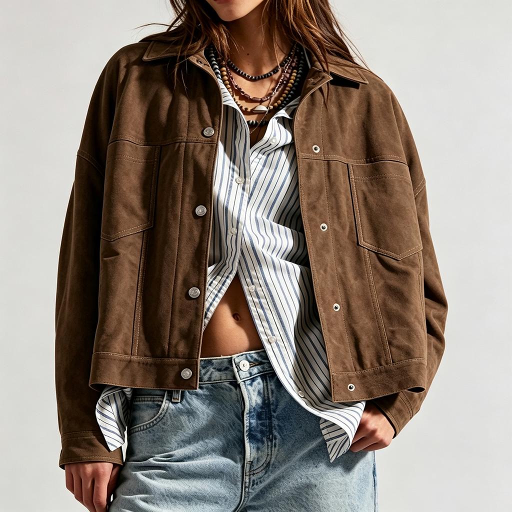 Women's Fashion Zip-Up Loose Fit Color Casual Jacket for Everyday Wear