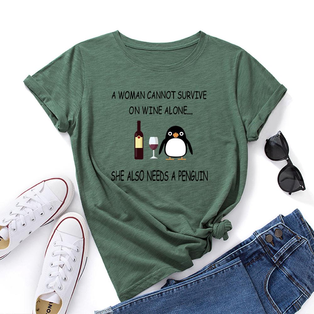 Inspirational Letters Red Wine Penguin Pattern Loose Round Neck Short Sleeved Women's T-shirts
