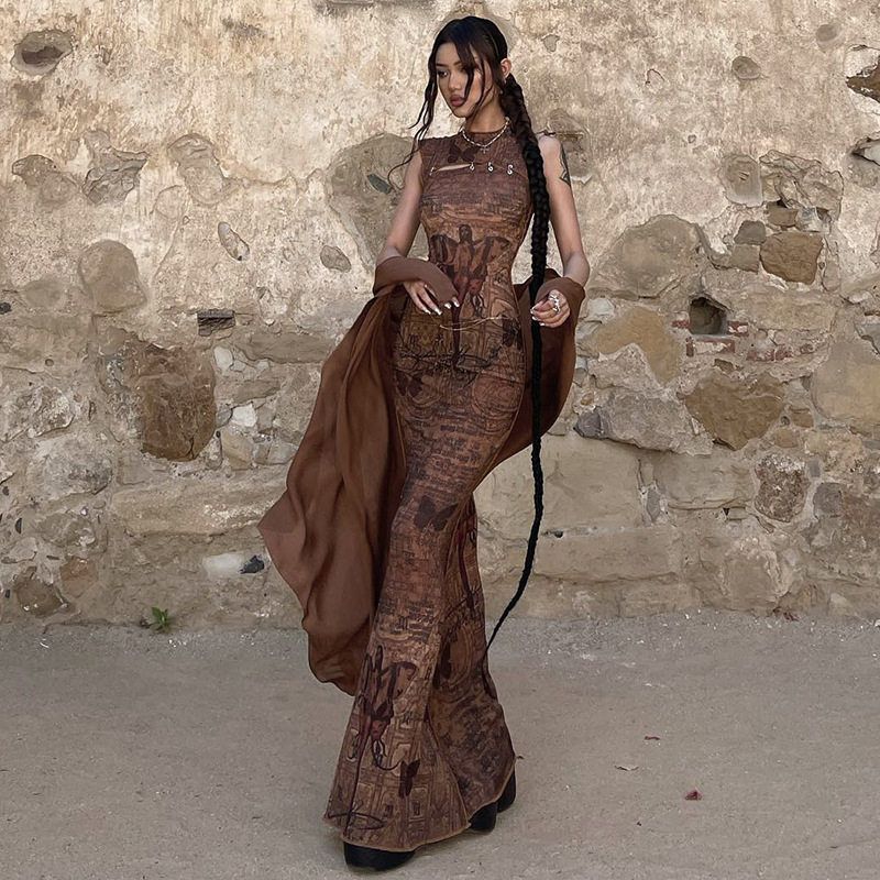 

A518Ds European and American Hot Girls 2024 Summer New Fashion Printed Round Neck Sleeveless Casual Long Slim-Fit Dress Brown A518Ds S