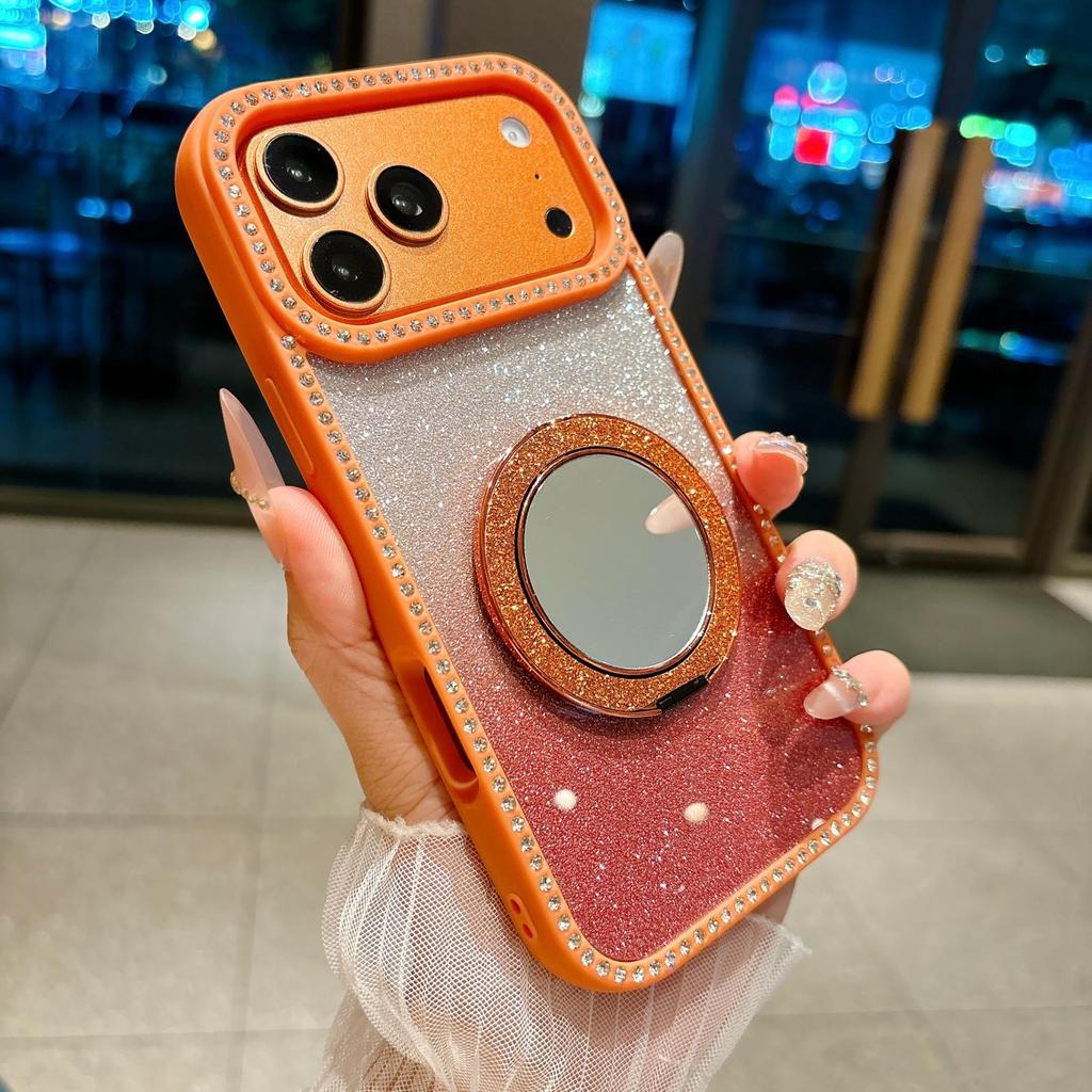 Gradient Glitter For Magsafe Magnetic Mirror Stand Holder Case For iPhone 11 12 13 14 15 16 17 Pro Max Bling Diamond Shockproof Cover