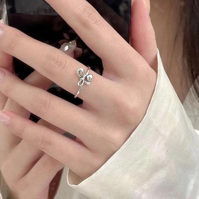 Sterling Silver S925 Sweet Mori New Bow Opening Adjustable Female Ring Versatile High Sense Ornament