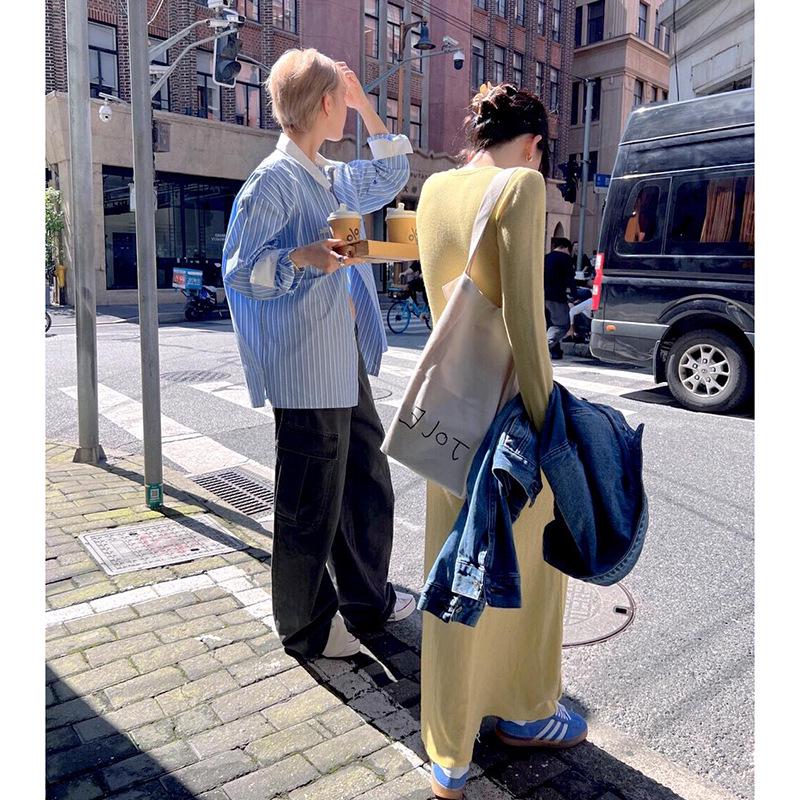 2025 Trendy Yellow and White Long-Sleeve Slim-Fit Dress for Spring and Autumn