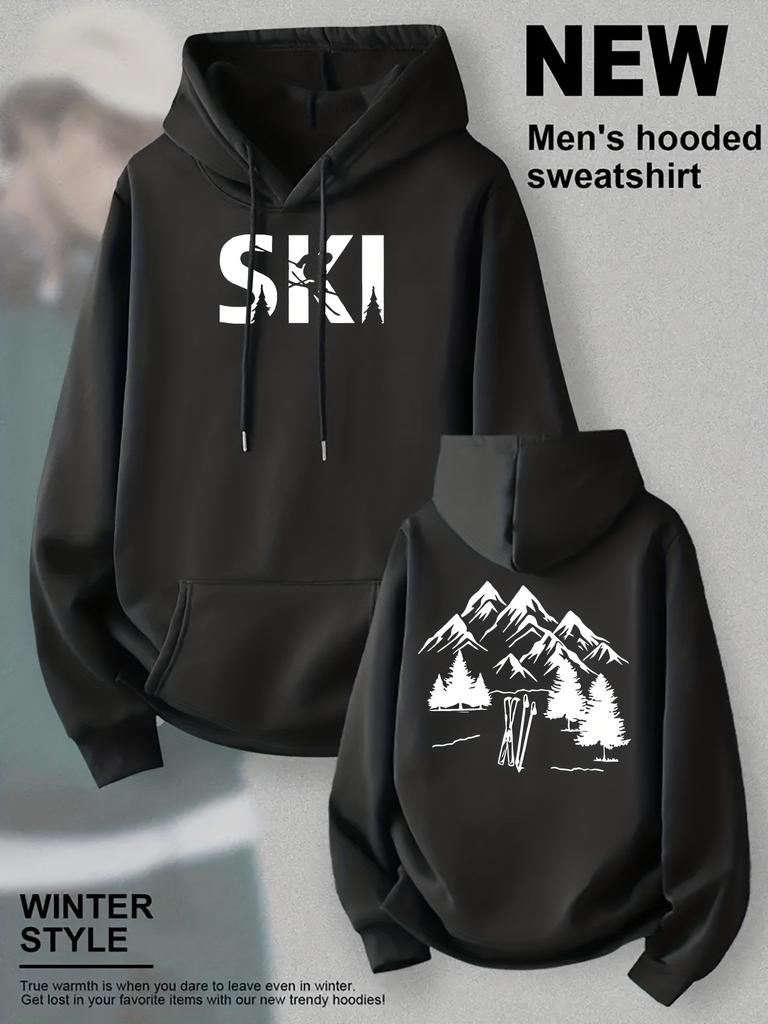 Outdoor casual hooded sweater, ski mountain scenery print men's and women's same couple long-sleeved top