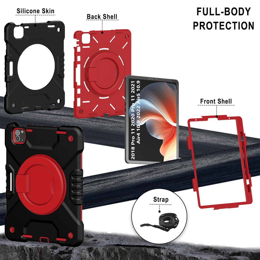 Rotatable Stand Armor Case Universal for iPad Air 4 5 10.9 Pro11 2018-2022 Hybrid Cover With Portable Handle Grip Shoulder Strap