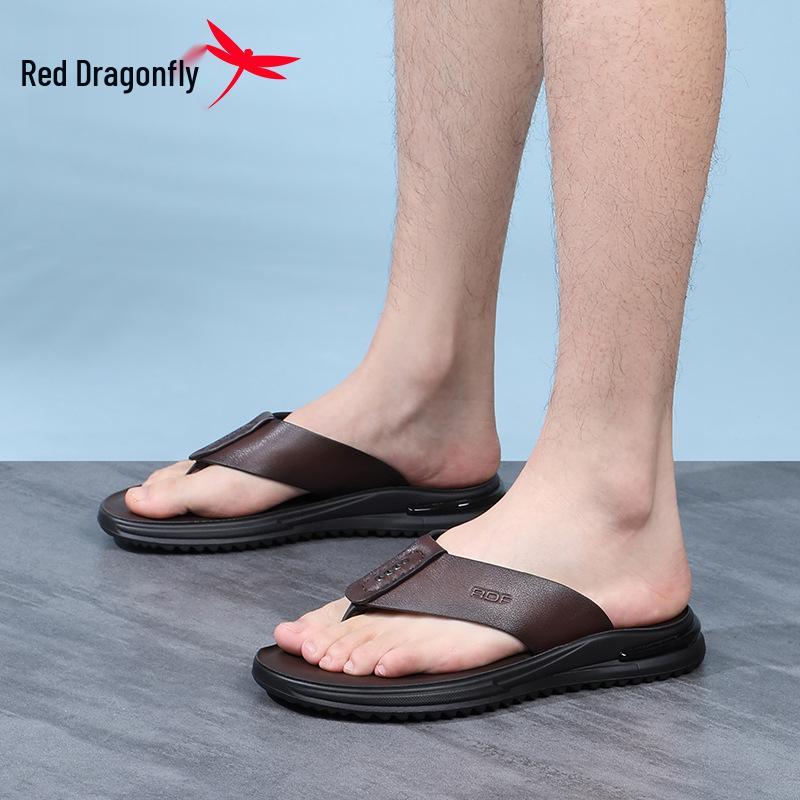 Red Dragonfly Men s Genuine Leather Non-Slip Summer Flip-Flops – Odor-Resistant Outdoor Thong Sandals. 39