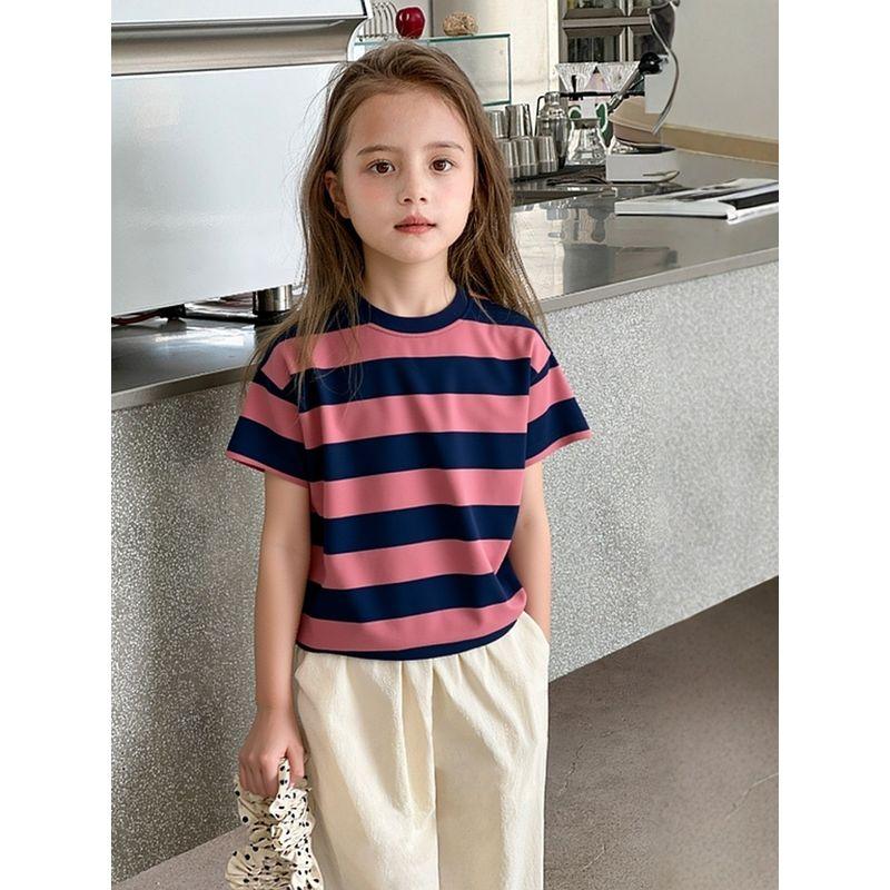 Children's Brand Export Clothing 2026 Summer New Style Kids' 95% Cotton Short-Sleeve T-Shirt Korean Style Colorful Thick Stripes