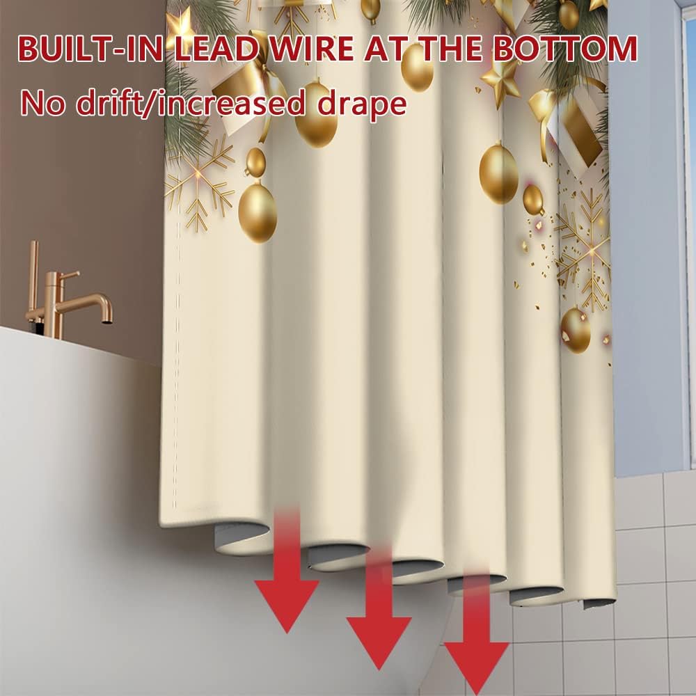 Zlatý vánoční sprchový závěs s háčky Zelené borové jehličí a zlaté vánoční koule Hvězdy Sněhové vločky Klasický designový potisk Sprchový