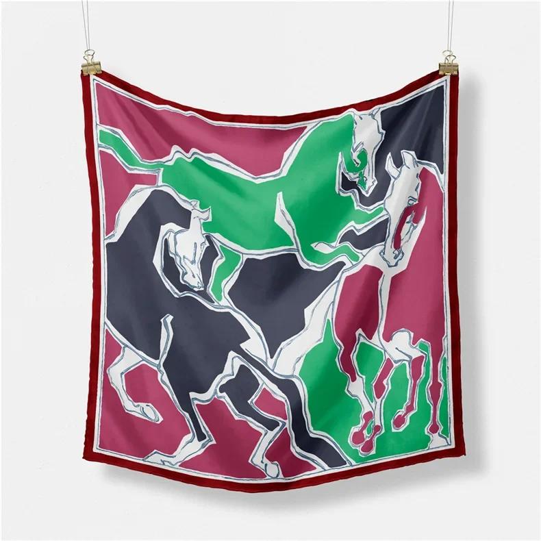 Luxury Horse Print Silk Square Scarf Women Spring Neck Tie Shawl Wraps Female Hair Hand Wrist Headkercheif Hijab Bandana
