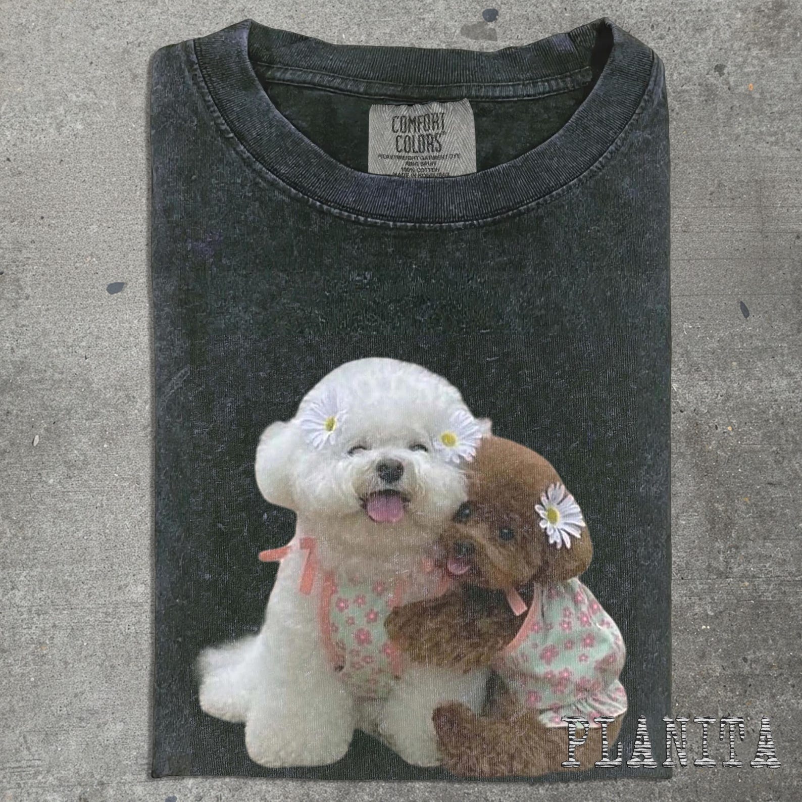 Two Poodles Graphic T-Shirt | Cute Floral Outfit Dog Illustration S