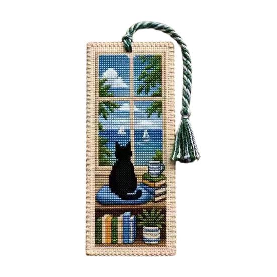 Seasonal Cat Cross-Stitch Bookmark, Four Seasons Black Cat Bookmark with Braided Rope, Handcrafted Book Page Marker for Book Lovers