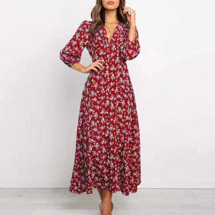 Böhmisches Blumen-Maxikleid Eleganter Stil Langärmlig Hohe Taille Locker Lässig Strandkleid für Damen Böhmisch Bedruckt