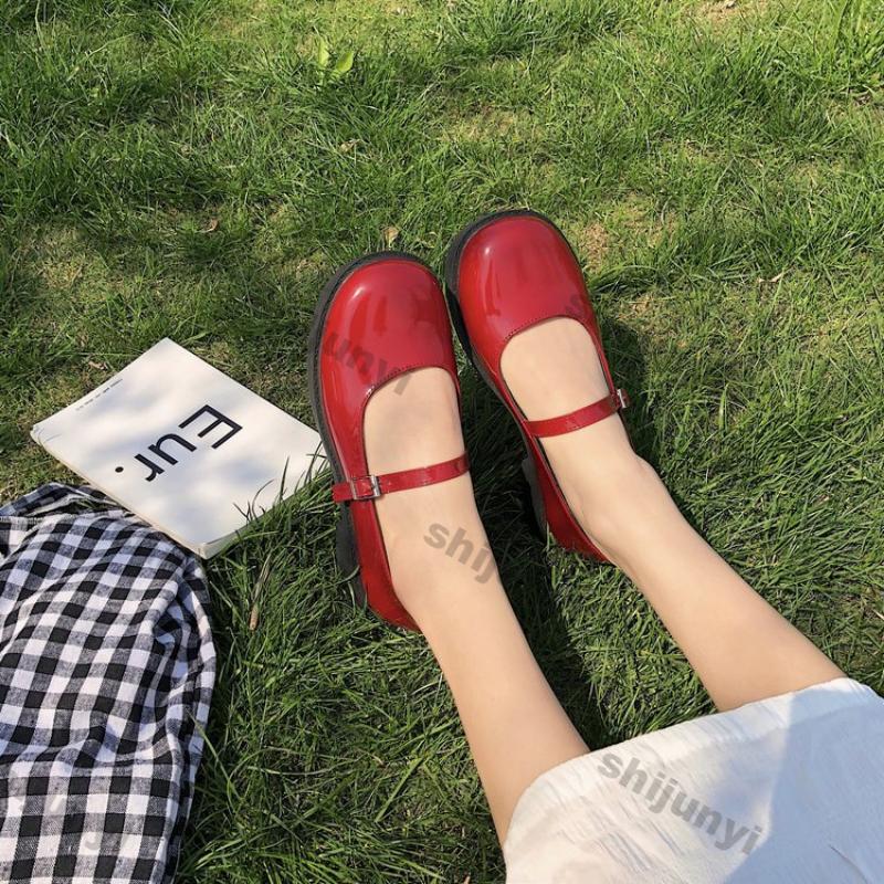 Fashion Women Single Shoe Spring New Red Flat Sole Mary Jane Shoe Leisure Comfortable Leather Square Toe Slip-on Shoes Zapatos Mujer
