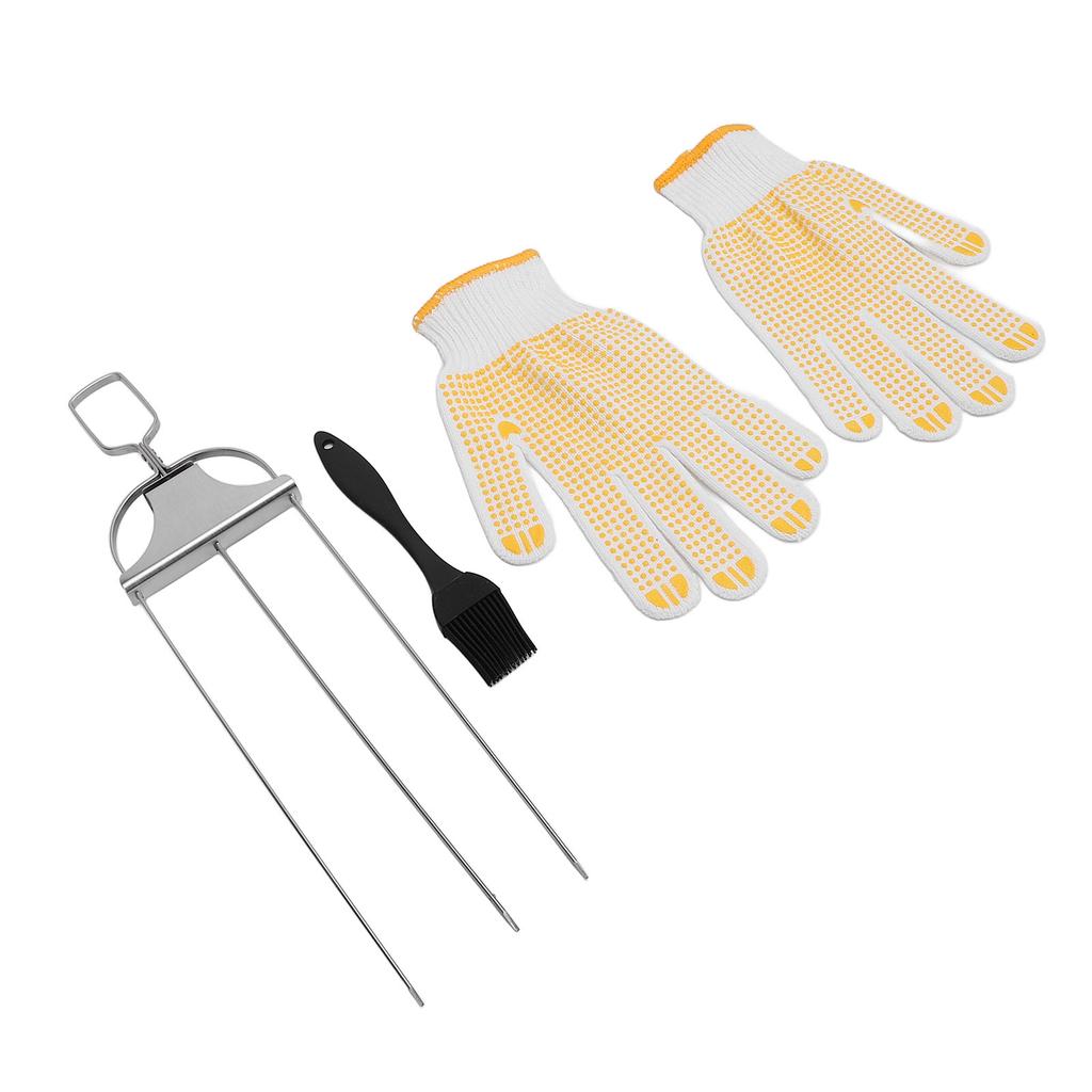 Stainless Steel Skewer Set 3 Prong Barbecue Fork Oil Brush and Gloves for Grilling Meat Chicken
