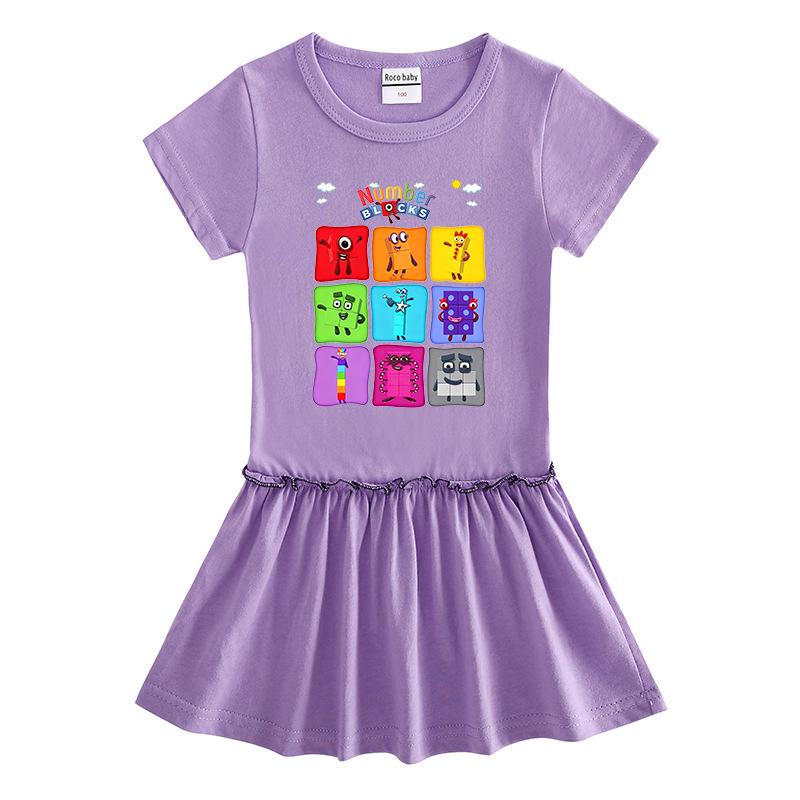 Summer Cartoon Raglan Color Block Pleated Dress for Girls