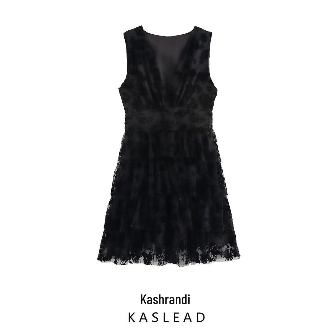

2025 Spring Women s European & American Style Sleeveless V-neck Slim Layered Dress Small чорний