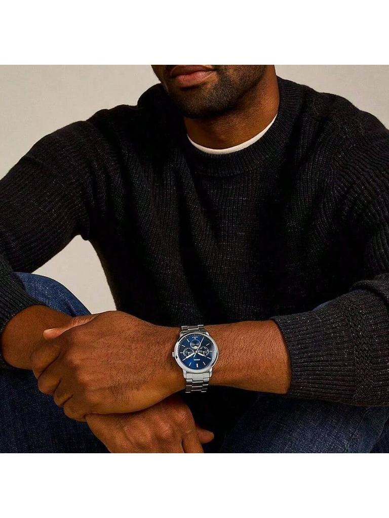 Neutra Moonphase Multifunction Two-Tone Stainless Steel Men's Quartz Watch With Blue Dial And Three Dial Display, Suitable For Daily Life FS5907