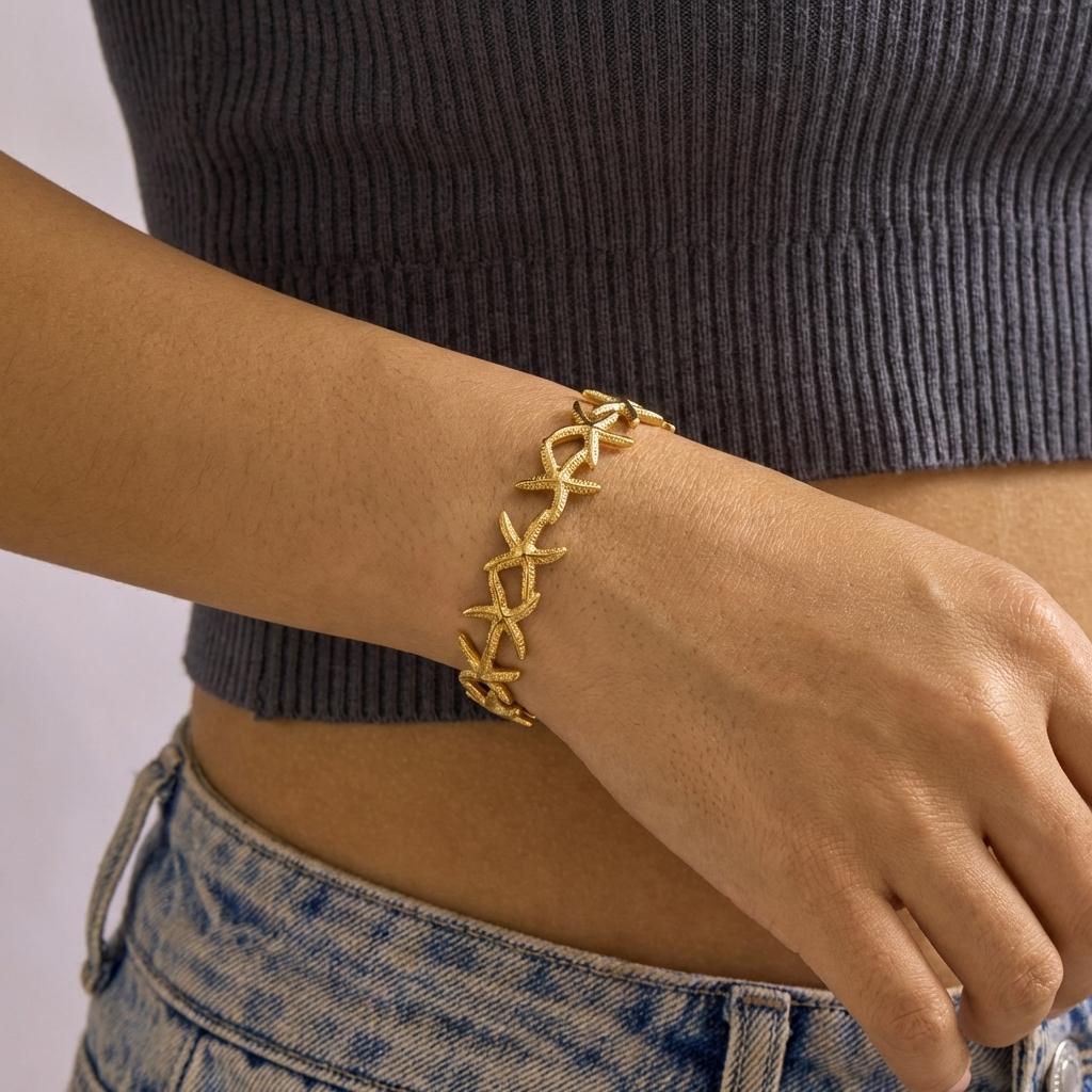 Summer Ocean Style Fish Shell Starfish Cuff Open Bangle for Women Gold Color Stainless Steel Bracelet Aesthetic Party Jewelry