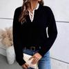 Autumn and Winter Fashion Lace V-neck Sweater Solid Color Loose Long Sleeve Women's Knitted Sweater