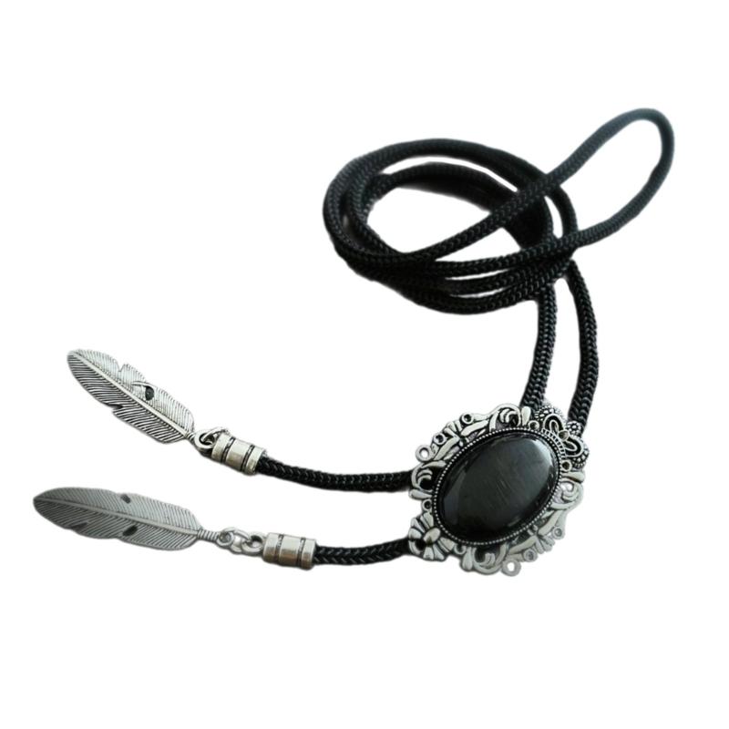Men Women Handmade Vintage Bolo Tie Western Cowboy Braided Rope Necktie with Antique Stone Feathered Pendant Necklace