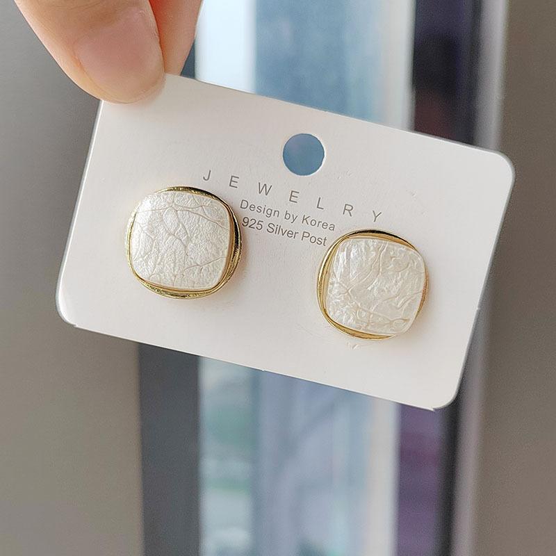 Small Square Marble Crack Metal Ear Clips With 925 Silver Needle Fashion Jewelry For Women