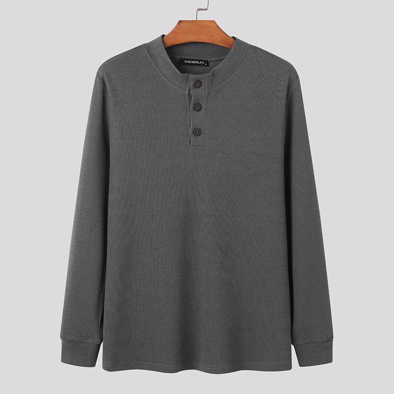 INCERUN Men Buttons Mockneck Long Sleeve Rib Knitted Pullovers Tops