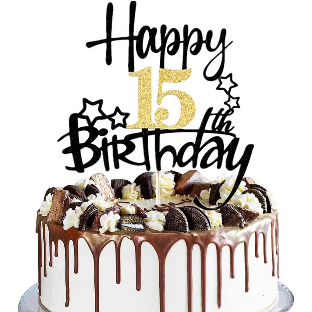 2 STÜCKE Gold Schwarz Happy15th Birthday Cake Topper für Geburtstagstortendekorationen für Jubiläumsfeier Dekorationen Zubehör