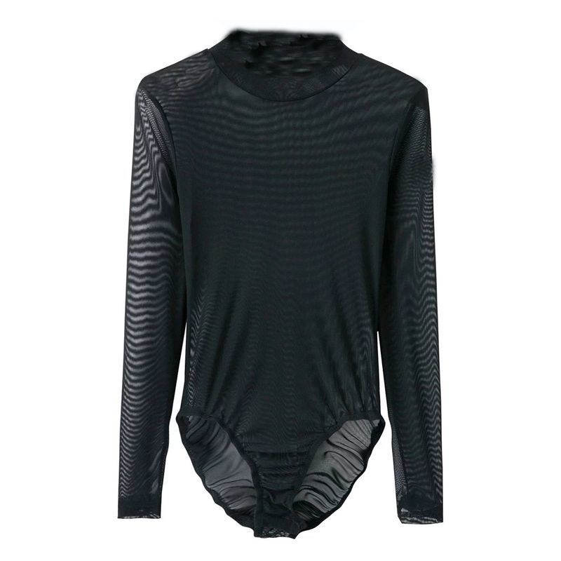

Fashion Wind Black Long Sleeve Mesh One-Piece Women s T-shirt Thin Perspective Latin Dance One-Piece Crotch Tops Black pure color S