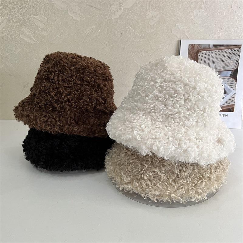 

Autumn and winter plush bucket hat warm and windproof versatile face small retro curly hair basin hat M（56-58cm） хакі