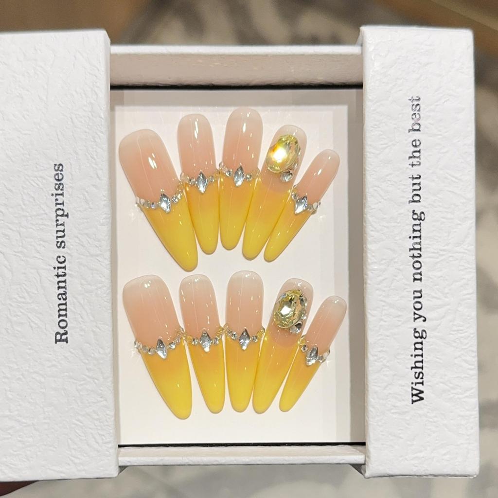 French Yellow Luxury Bling Diamond Handmade Medium-Long Blush Fake Nails