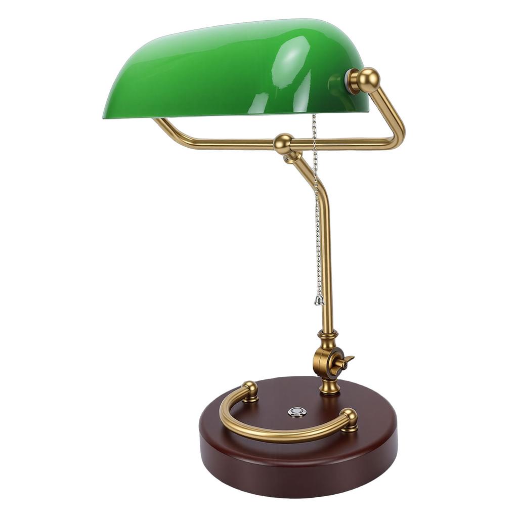 Vintage Schreibtischlampe 350 Grad drehbar Antike Tischlampe mit Zugschalter Holzsockel Glasschirm für Schlafzimmer Wohnzimmer