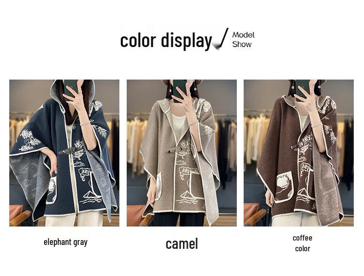 Women's Retro Wool Jacquard Hooded Cardigan Cape Shawl