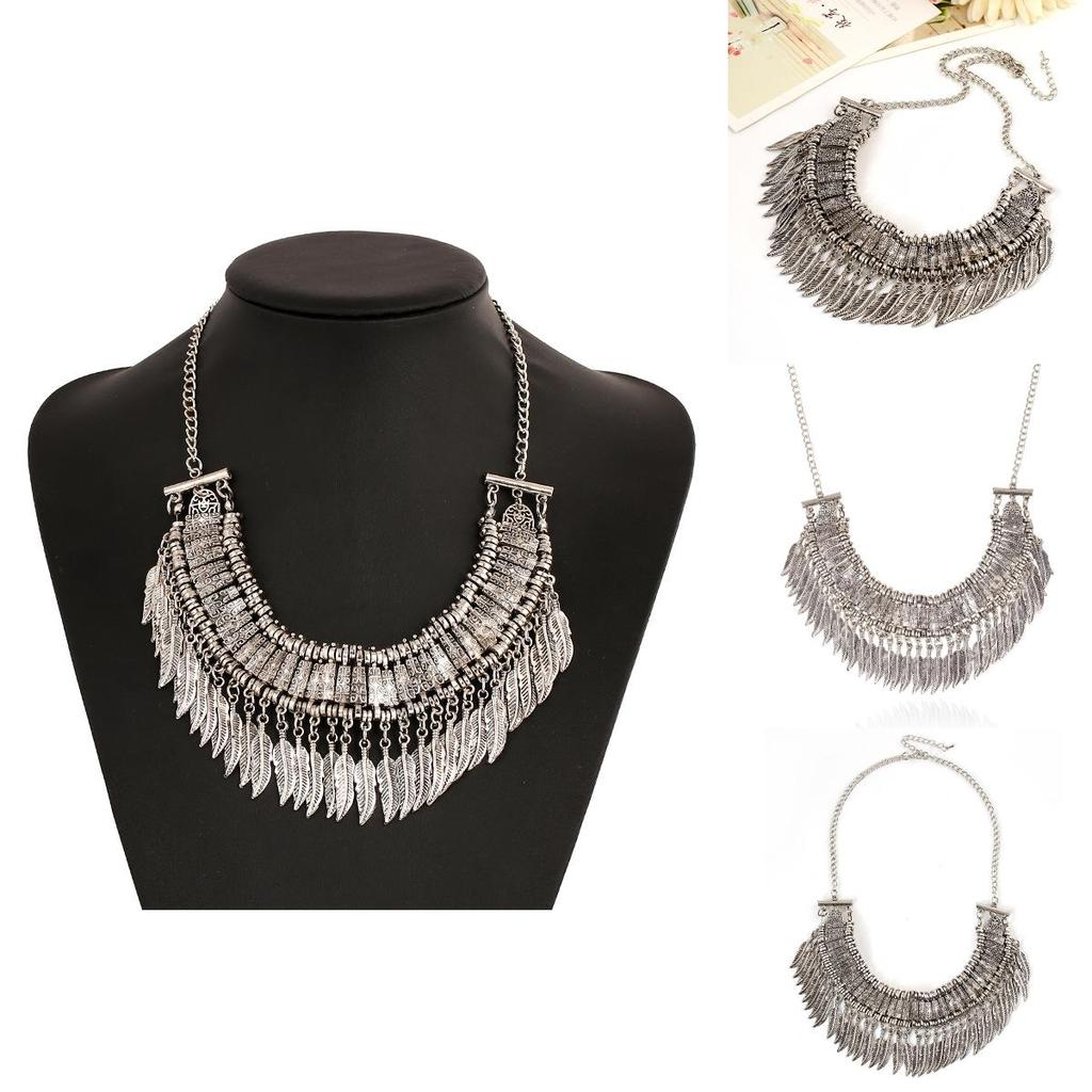 European Style Antique Silver Charm Necklace With Tassel And Carved Leaf Motif For All