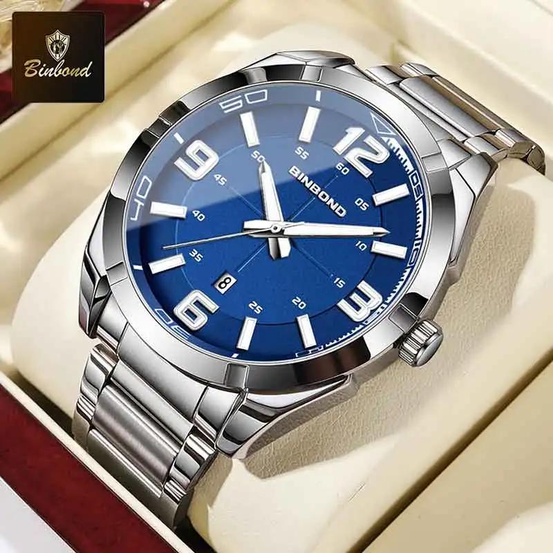 BINBOND New Business Men's Watch Luxury Stainless Steel Strap Waterproof Sports Watch Original Luminous Quartz Watches for Men