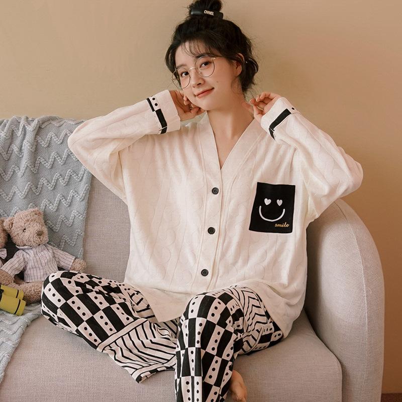 Women Pajama Long Sleeve Pants Autumn Two-Piece Set Sleepwear Female Sweet Breathable Home Clothes Student Nightwear 2511