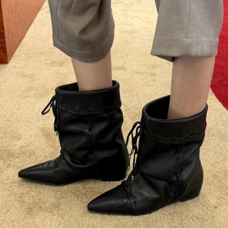 Piele de miel~ Cizme scurte mici cu toc interior ascuțit pliat, cizme Martin de nișă retro pentru femei, cizme cowboy occidentale din piele naturală