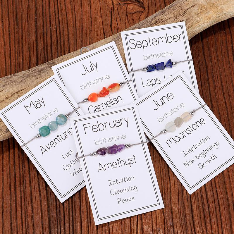 Handmade 12-Month Sign Natural Stone Crystal Birthstone Bracelet For Women And Men, Braided Adjustable Cord, Birthday Jewelry Gift.
