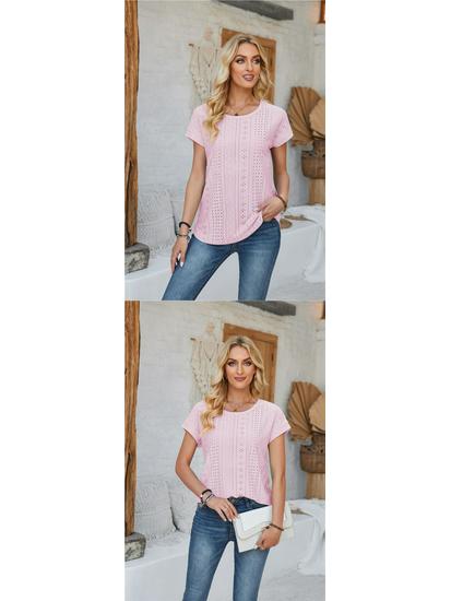 Spring & Summer Women's Loose Round Neck Eyelet Lace T-shirt
