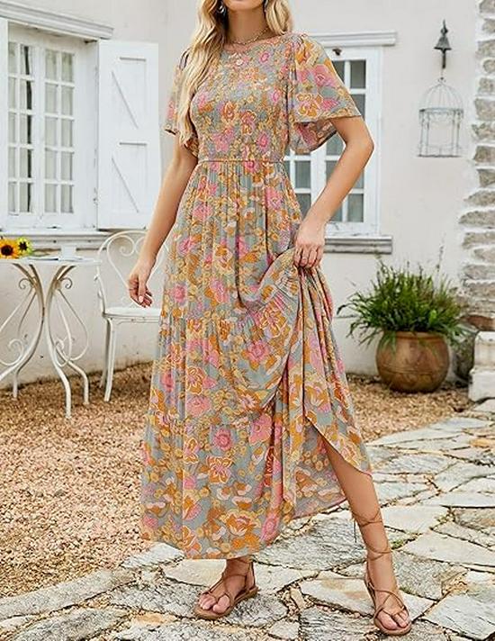 

2026 Plus Size Women s Bohemian Beach Dress: Short Sleeve, Round Neck, Summer Style S
