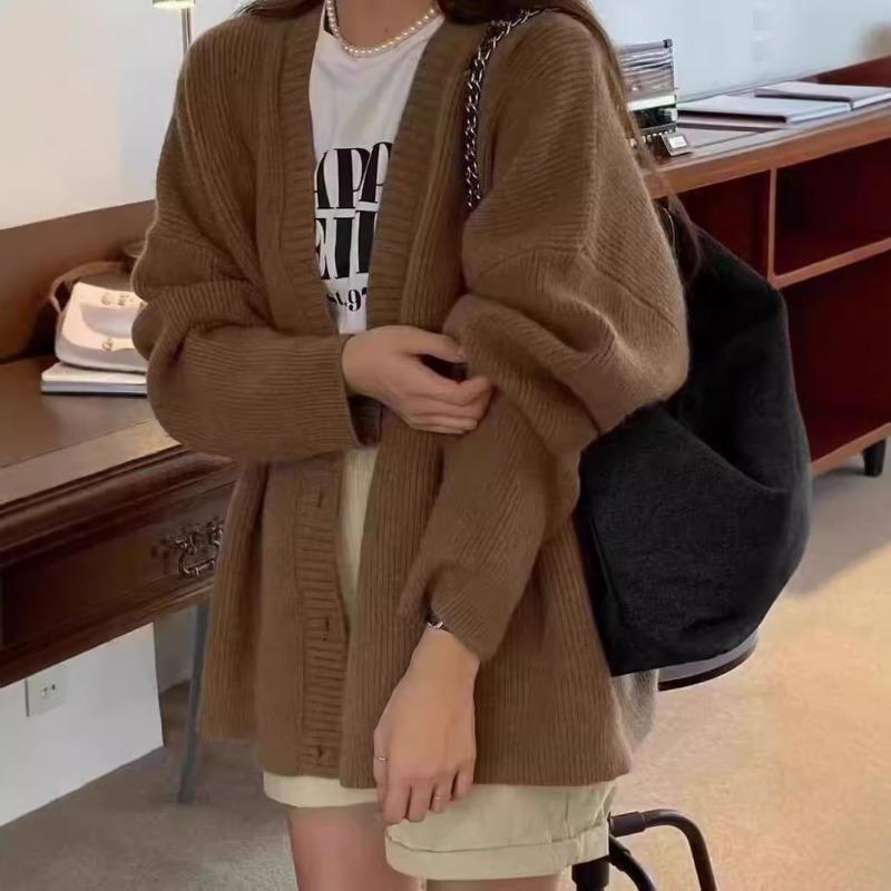 Autumn and winter V-neck loose soft waxy solid color knitted cardigan sweater casual versatile lazy style design women's coat